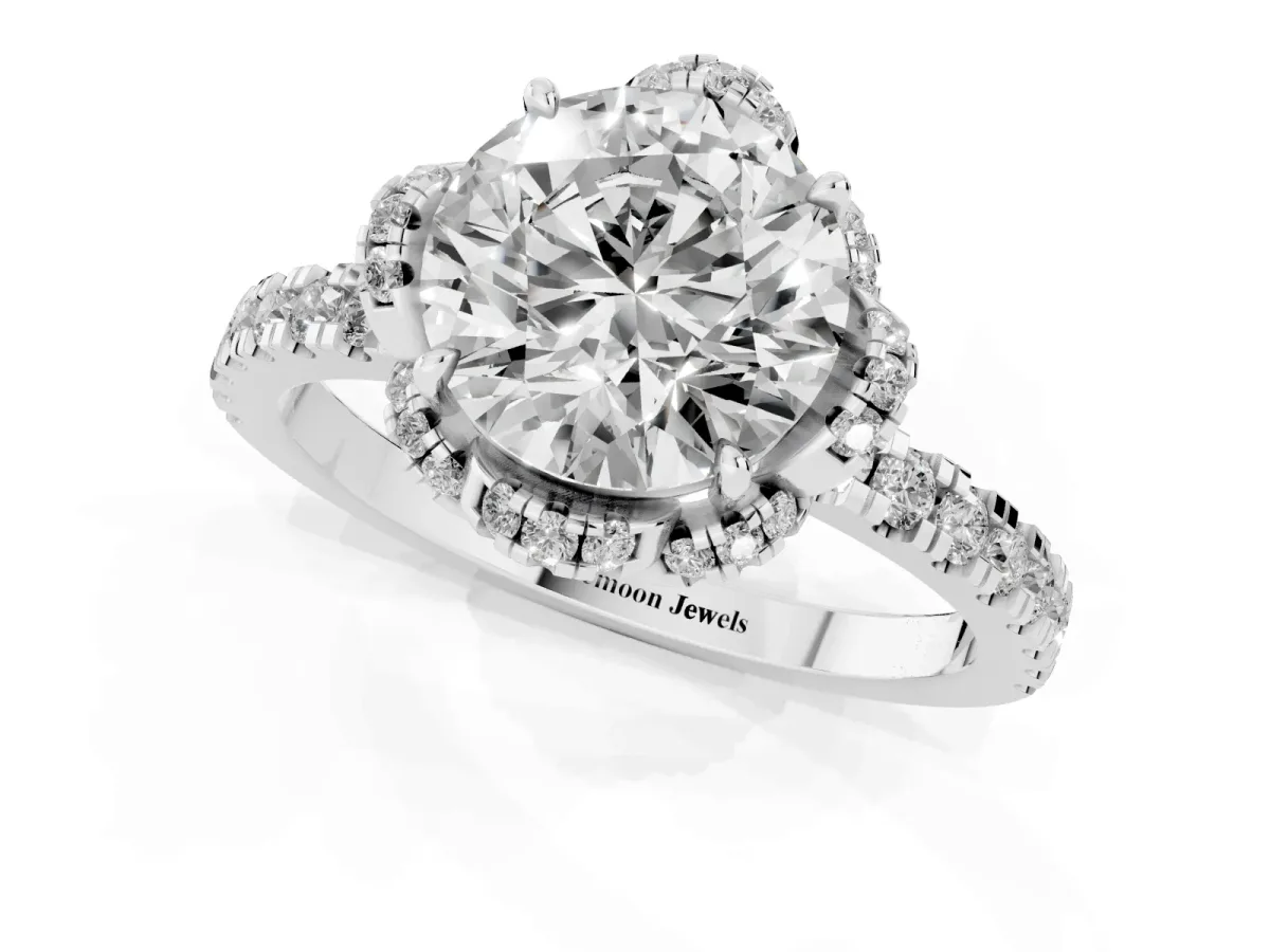 Round Cut Diamond Halo Pave Band with Four-Prong Setting Silver