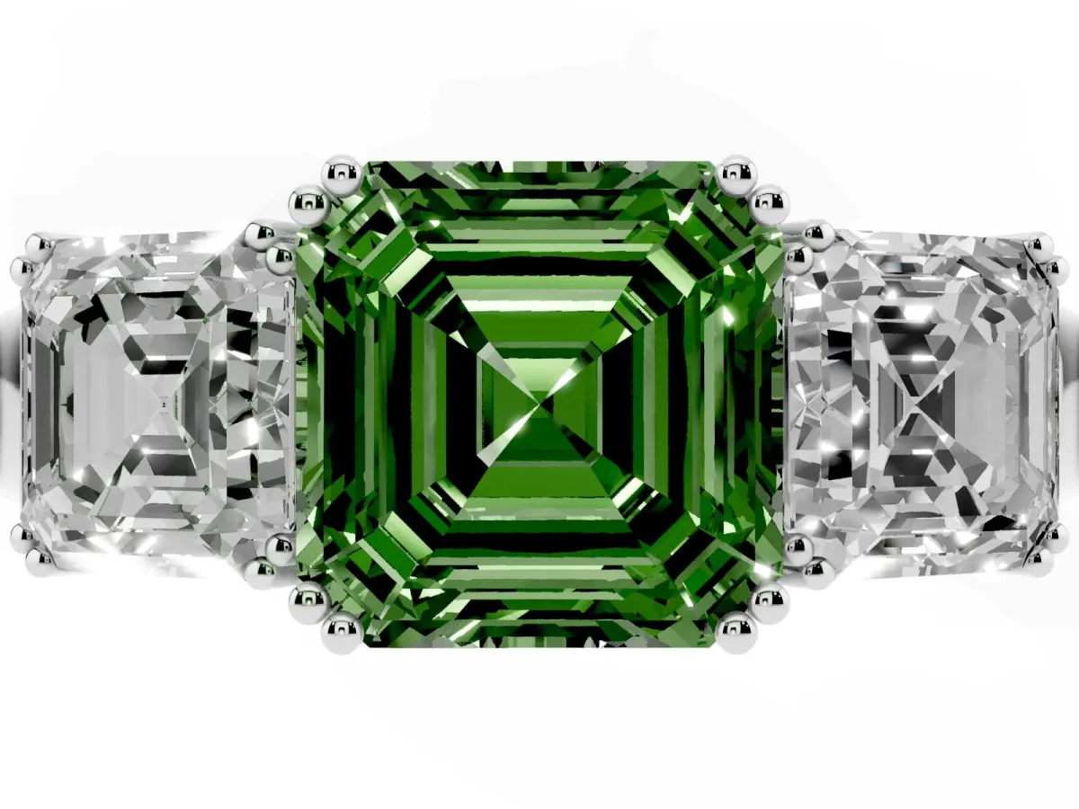 Fancy Green Three-Stone Asscher Cut Cut Diamond Ring with Channel Set Band and Four-Prong Setting Platinum