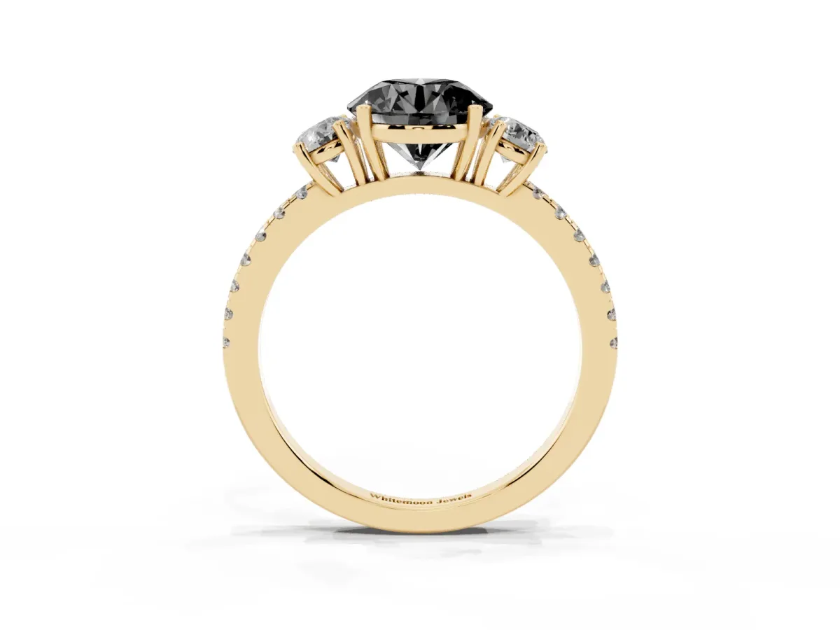 Fancy Black Three-Stone Round Cut Cut Diamond Pavé Band with Prong Setting Yellow gold