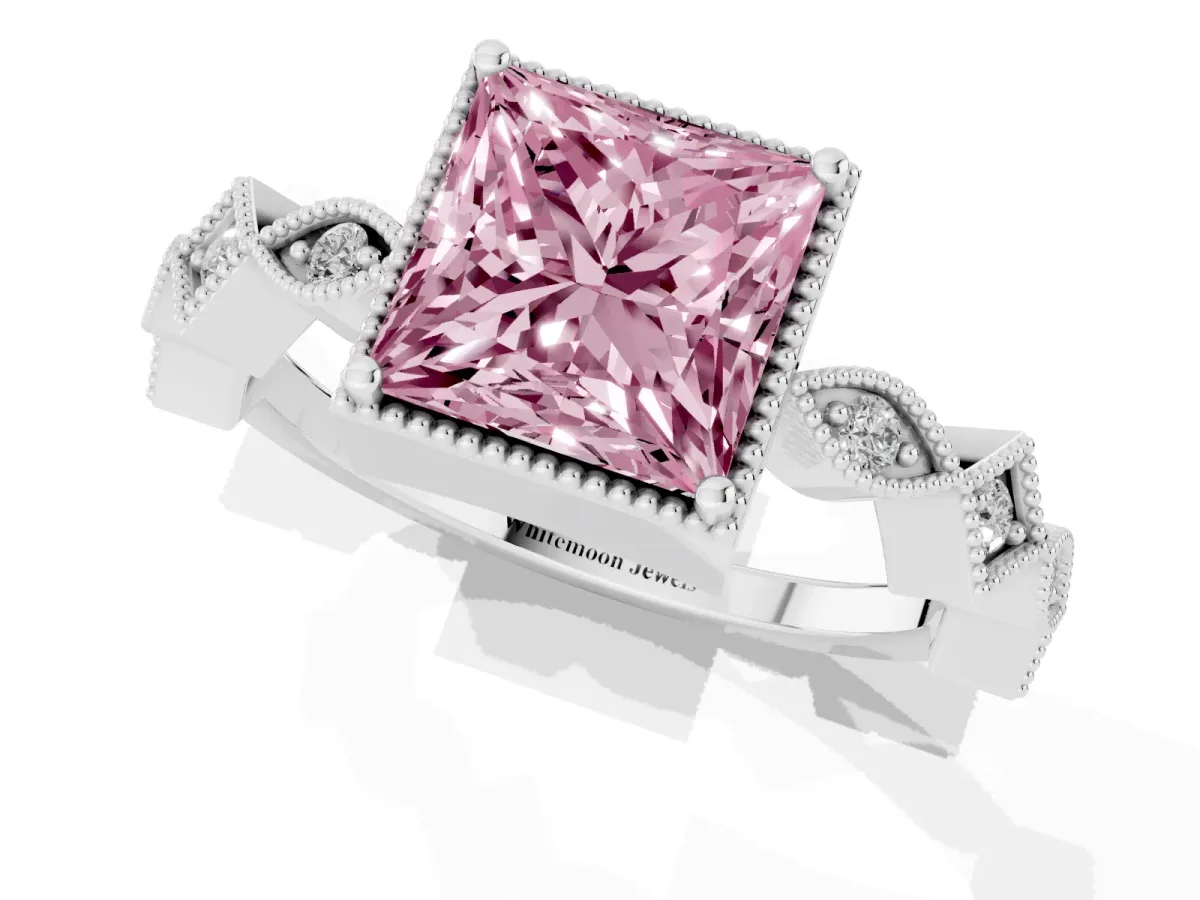 Fancy Pink Princess Cut Milgrain Marquise Diamond Twist Band Ring Silver