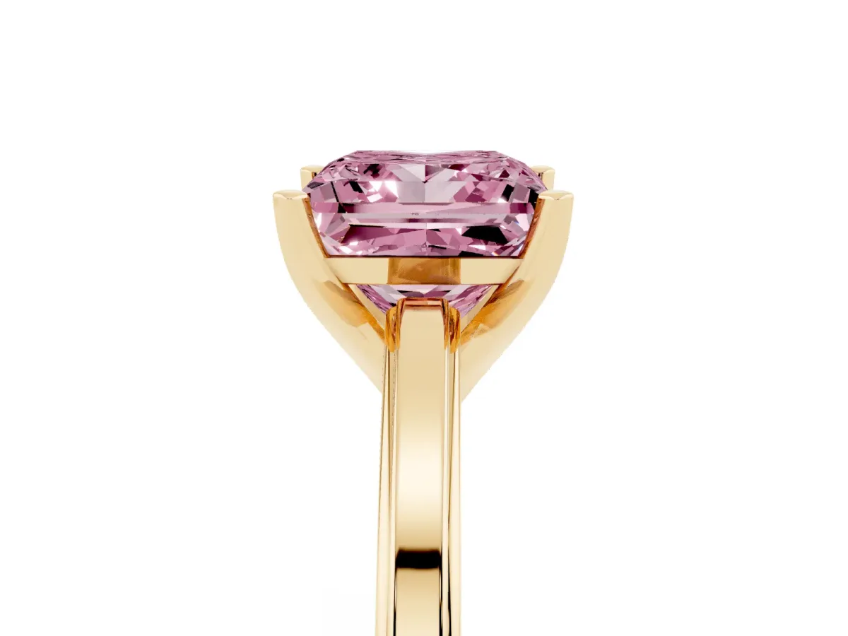 Fancy Pink Princess Cut Solitaire Diamond Ring with Four-Prong Setting and Classic Band Yellow gold