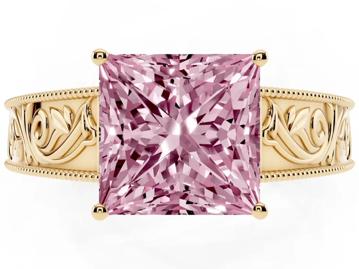 Fancy Pink Princess Cut Diamond Solitaire Ring with Engraved Band and Four-Prong Setting Yellow gold