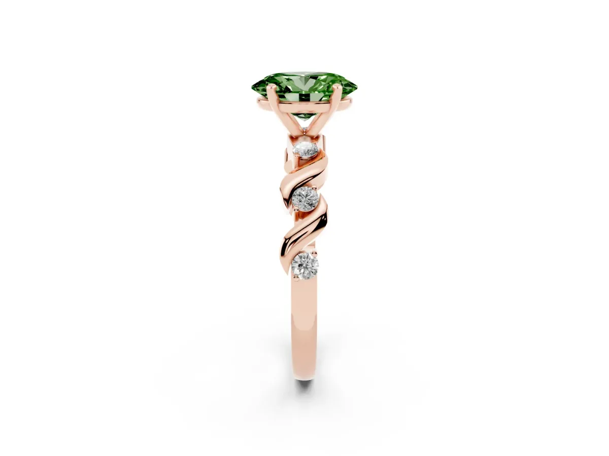 Fancy Green Oval Cut Diamond Solitaire Twisted Band with Round Accents and Prong Setting Rose gold