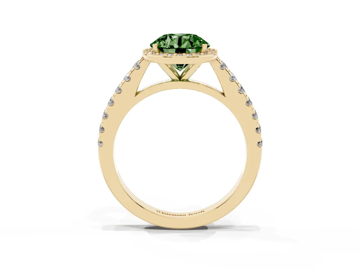 Fancy Green Round Cut Cut Halo Diamond Engagement Ring with Pave Band and Four-Prong Setting Yellow gold