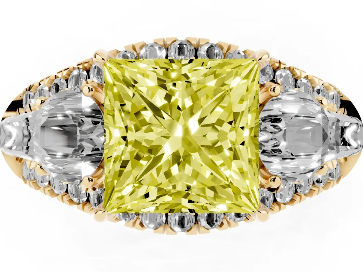 Fancy Yellow Three-Stone Princess Cut Diamond Engagement Ring with Pave Band and Prong Setting Yellow gold