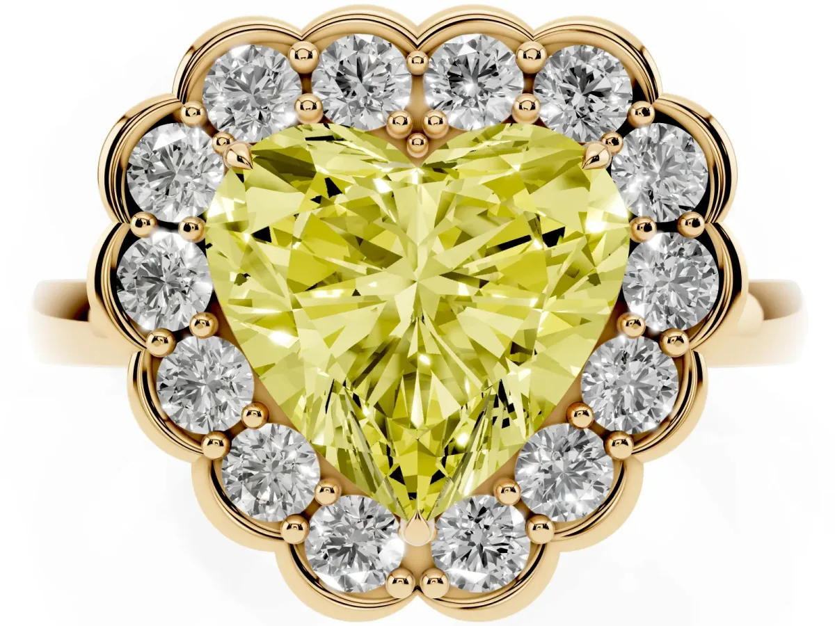 Fancy Yellow Heart Cut Halo Cluster Diamond Engagement Ring with Solitaire Band and Prong Setting Yellow gold