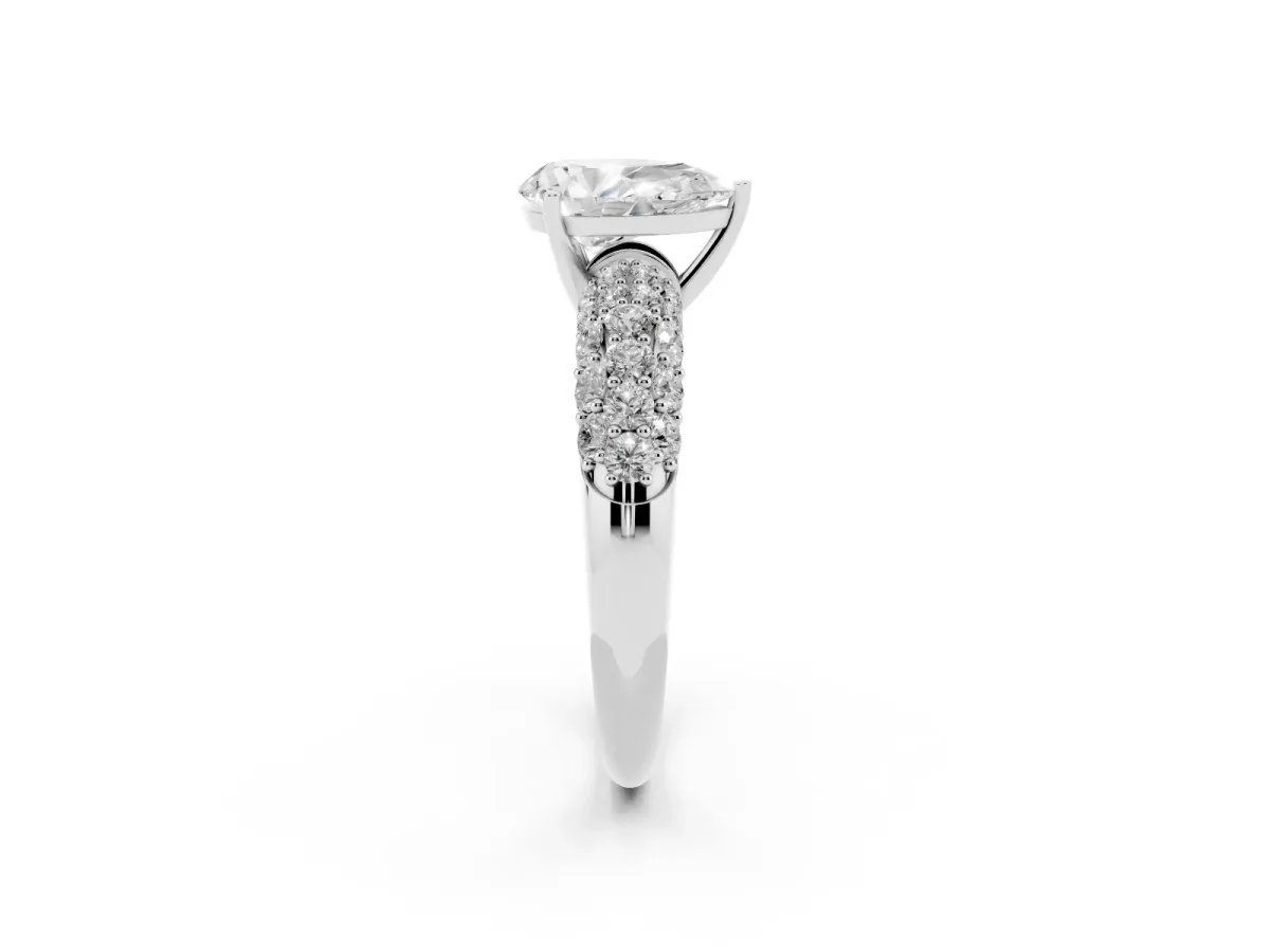 Pear Cut Diamond Pavé Band Solitaire Ring with Four-Prong Setting Silver