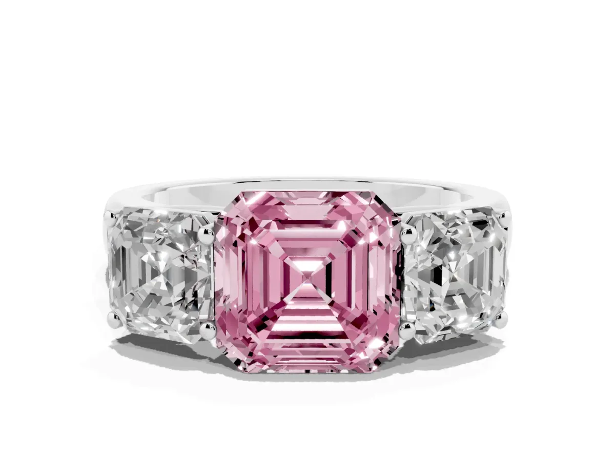 Fancy Pink Asscher Cut Three-Stone Diamond Ring with Prong Setting on a Classic Band Platinum