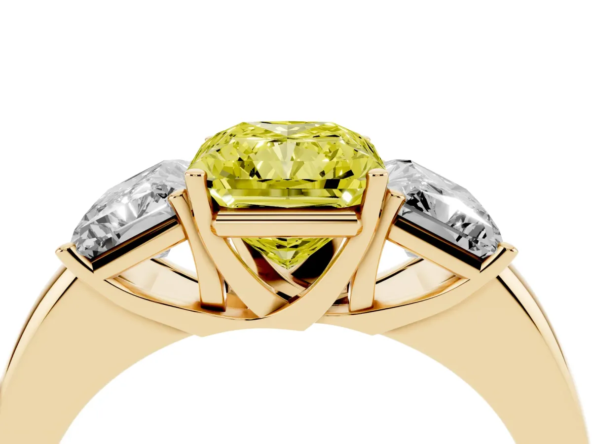 Fancy Yellow Radiant Cut Diamond Three-Stone Ring with Four-Prong Setting and Classic Band Yellow gold