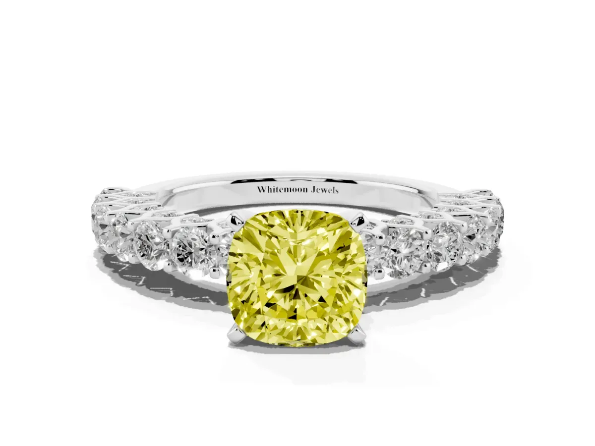 Fancy Yellow Cushion Cut Diamond Solitaire Ring with Shared Prong Pavé Band and Four-Prong Setting Silver