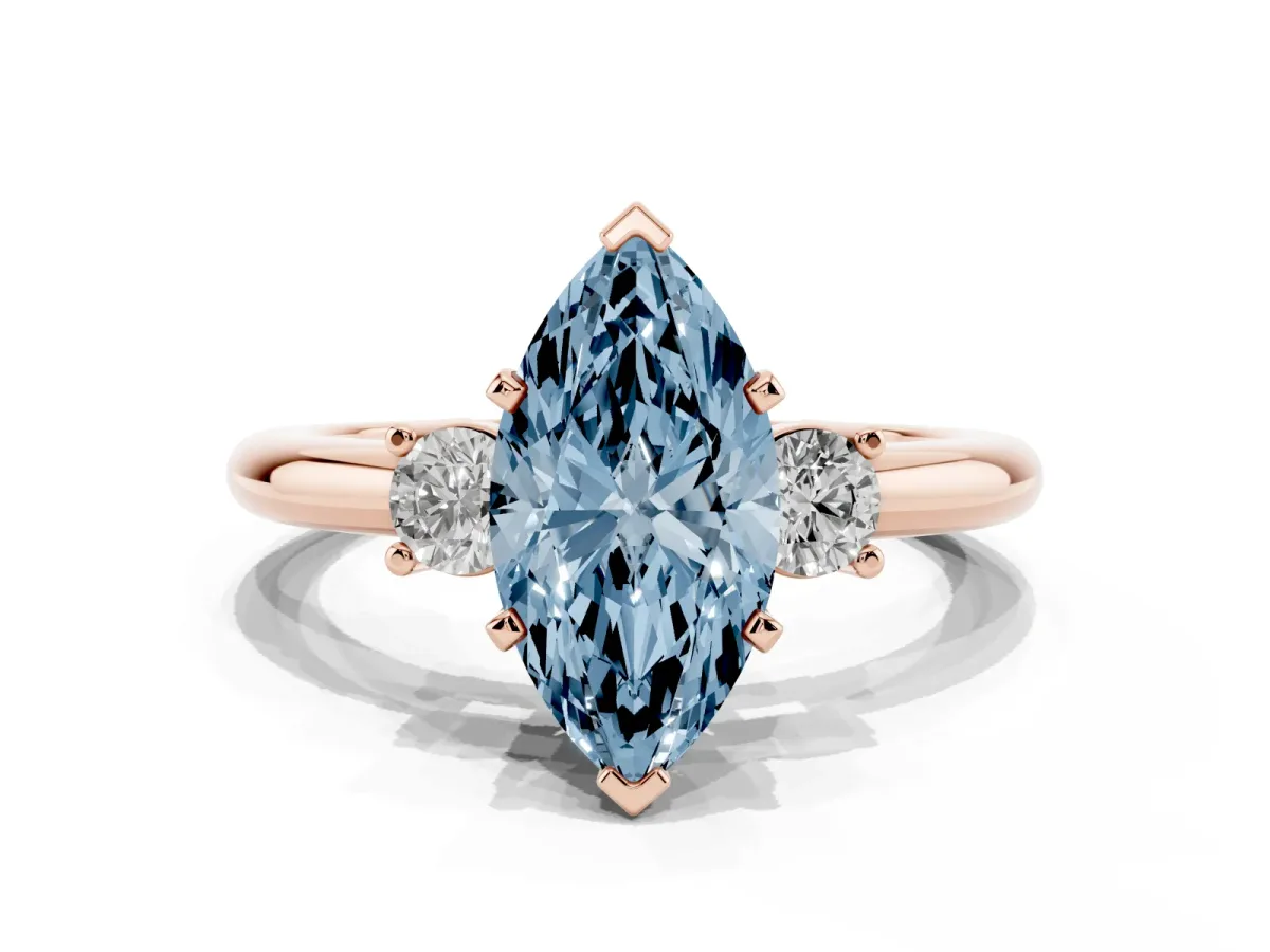 Fancy Blue Three-Stone Marquise Cut Cut Diamond Solitaire with Prong Setting and Classic Band Rose gold