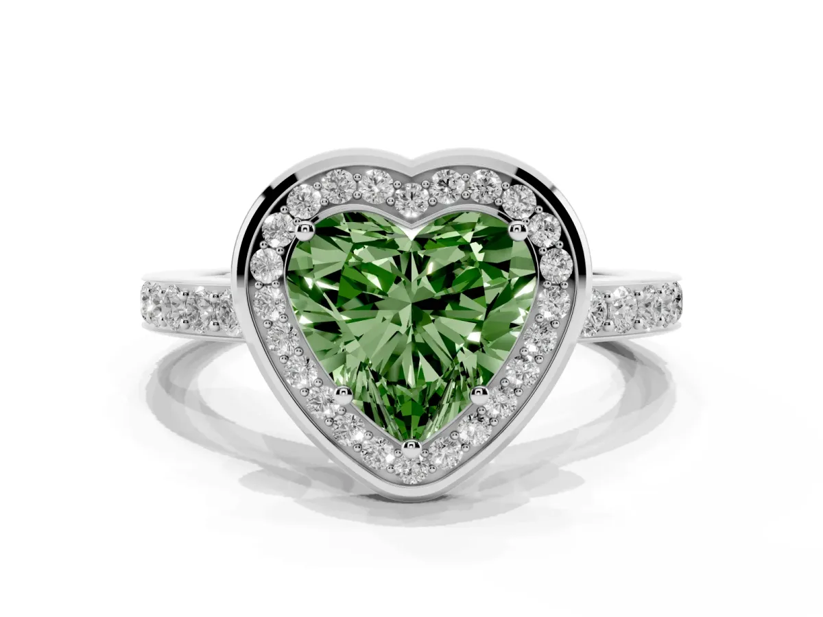 Fancy Green Heart Cut Diamond Halo Ring with Bezel Frame and Pavé Band Silver