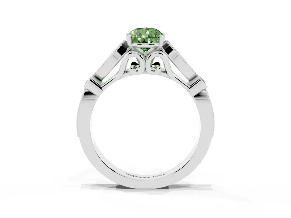 Fancy Green Pear Cut Cut Diamond with Milgrain Marquise and Bezel Accents on a Solitaire Band with Prong Setting Platinum