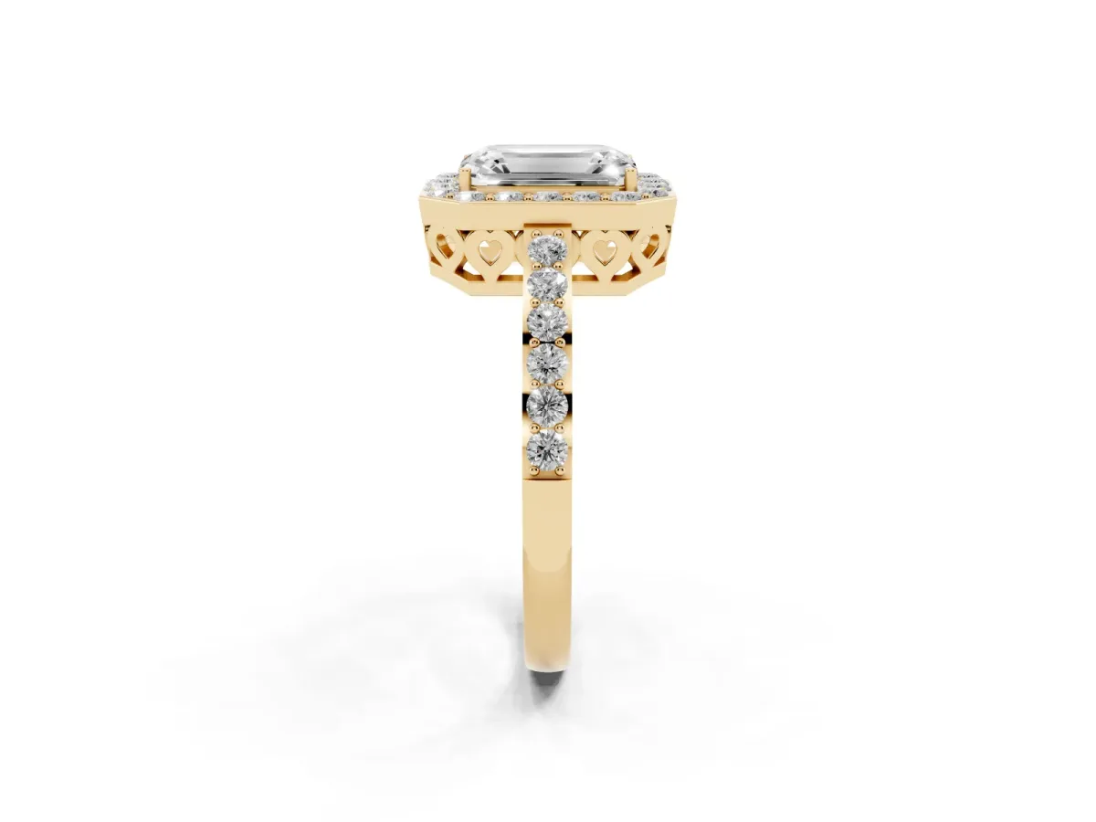 Emerald Cut Halo Diamond Pavé Band Ring with Prong Setting Yellow gold