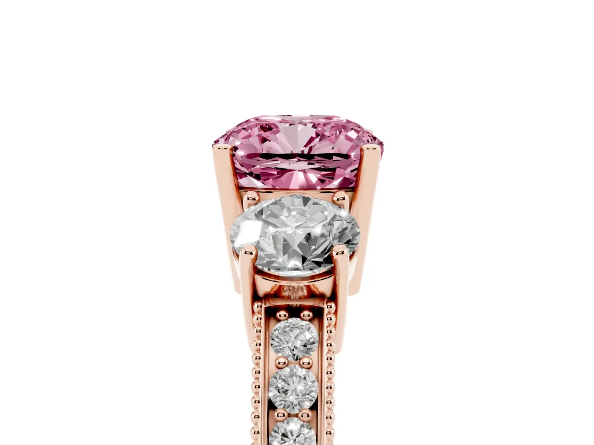 Fancy Pink Cushion Cut Three-Stone Diamond Ring with Pavé Band and Four-Prong Setting Rose gold