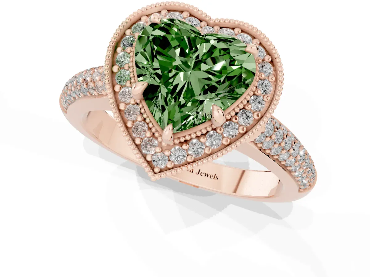 Fancy Green Heart Cut Cut Halo Diamond Pave Band with Four-Prong Setting Rose gold