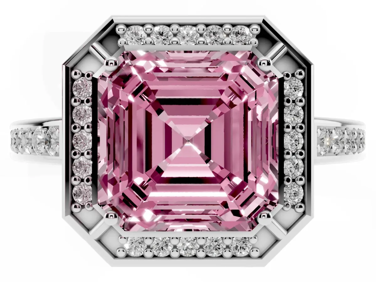 Fancy Pink Asscher Cut Cut Halo Pave Split Shank Prong Setting Ring Silver