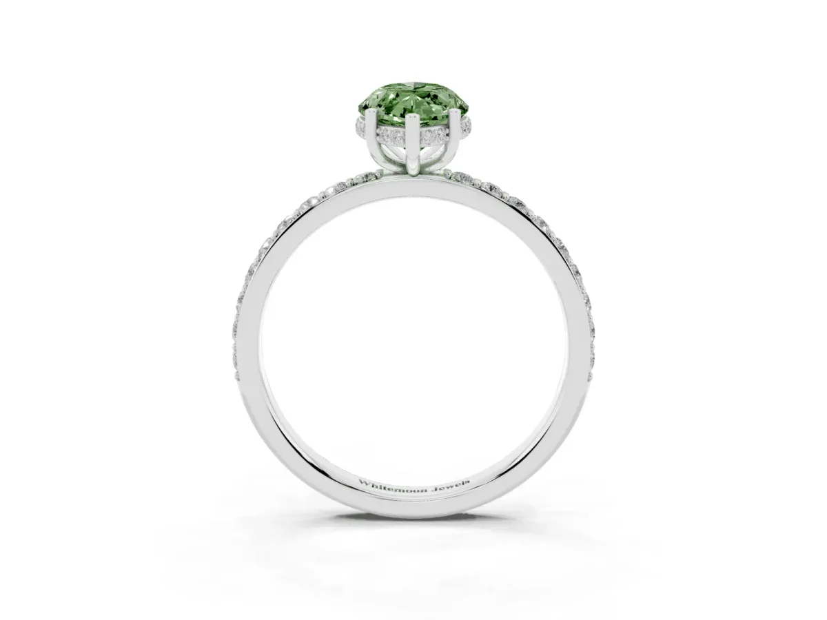 Fancy Green Marquise Cut Diamond Solitaire Ring with Pavé Band and Hidden Halo White gold