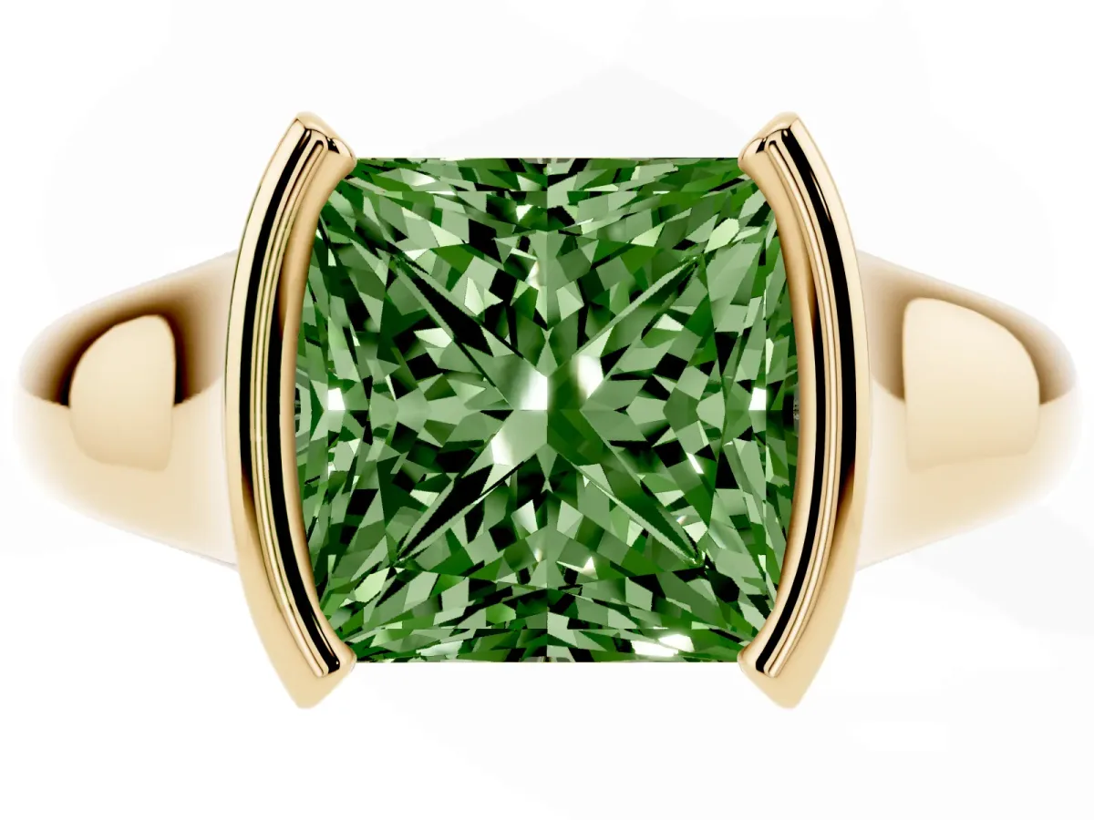 Fancy Green Princess Cut Solitaire Tension Set Diamond Ring with Split Shank Band Yellow gold