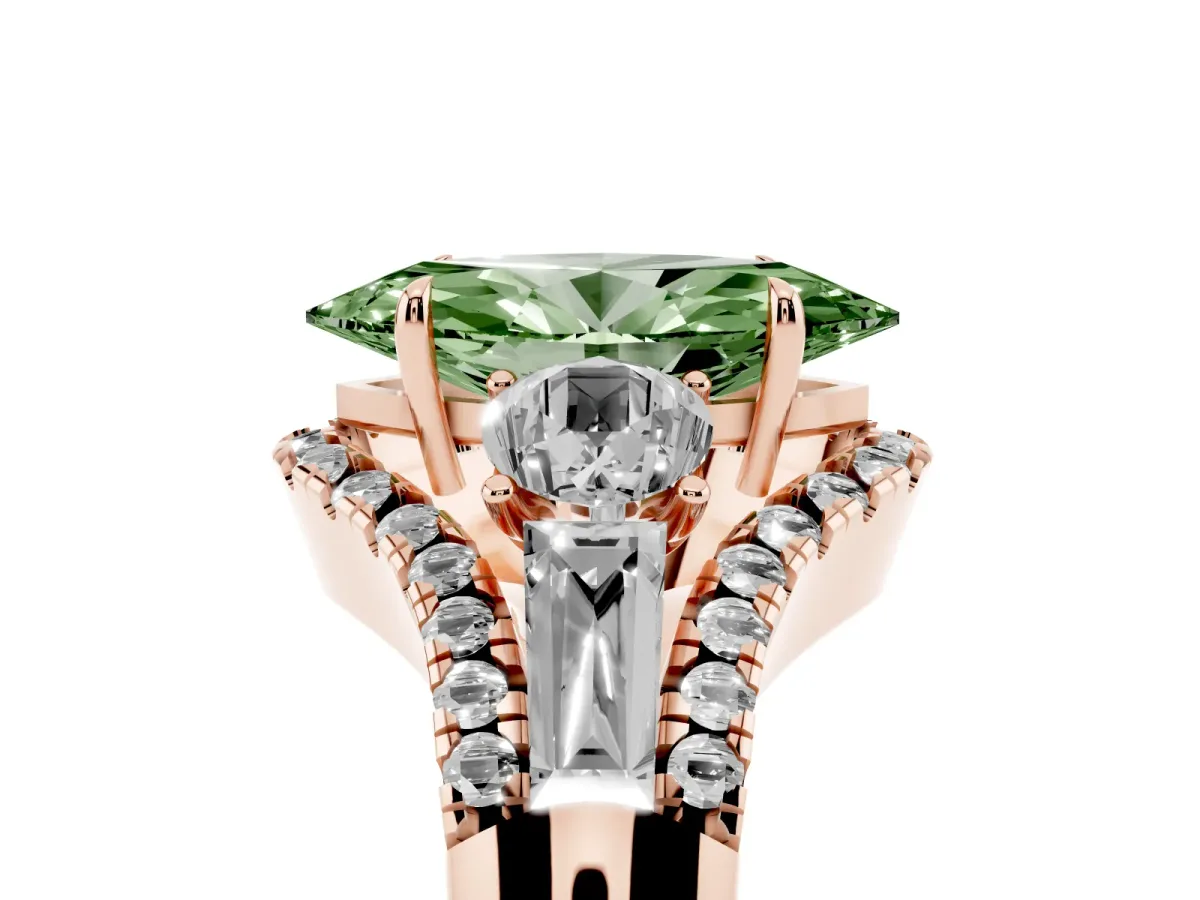 Fancy Green Three-Stone Marquise Cut Diamond Engagement Ring with Pave Band and Prong Setting Rose gold