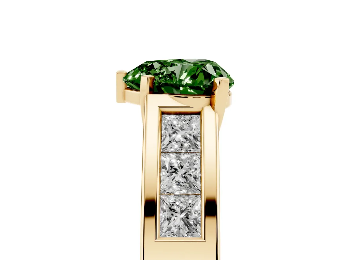 Fancy Green Heart Cut Cut Channel Set Solitaire Ring with Four-Prong Setting Yellow gold