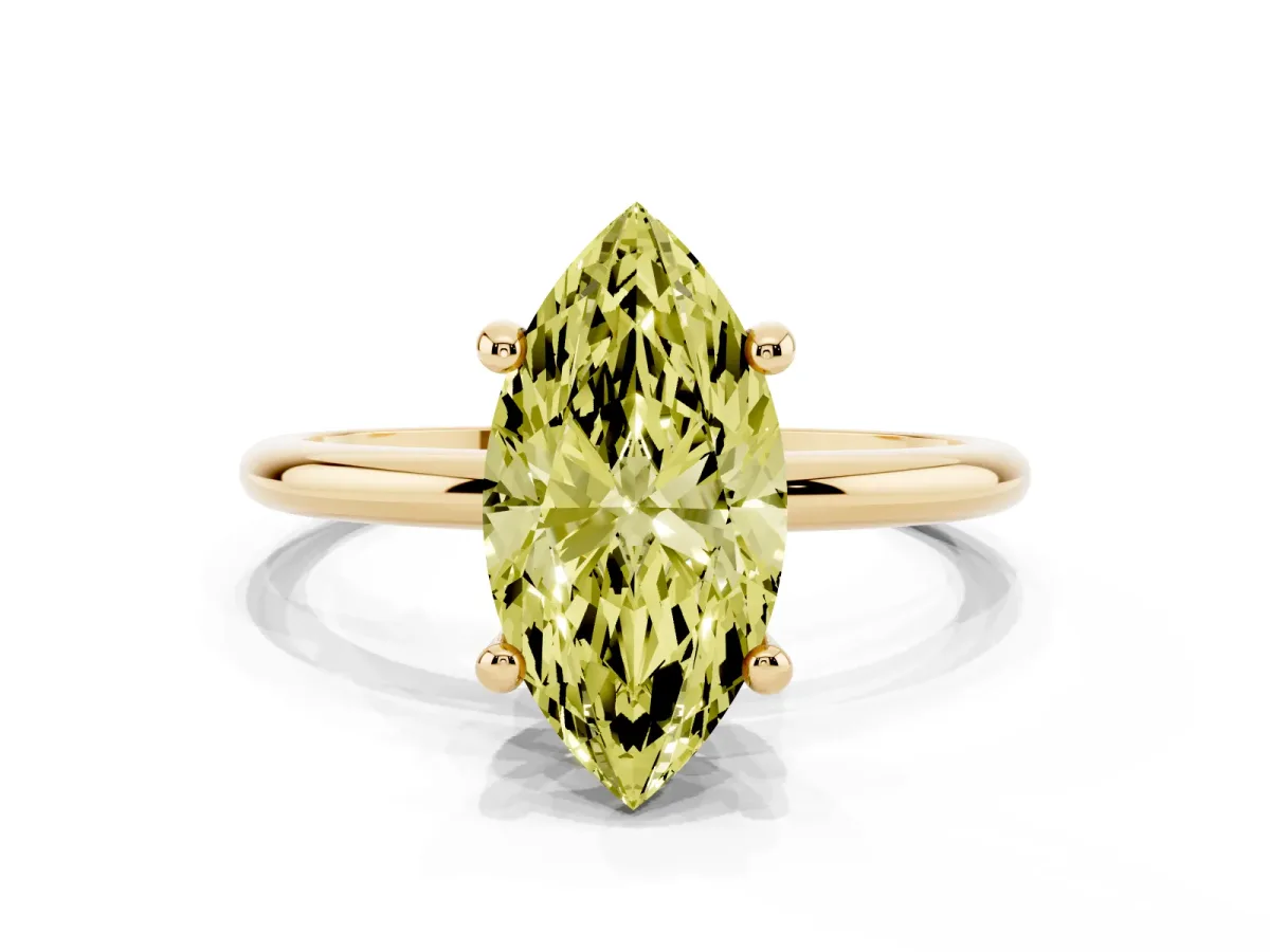 Fancy Yellow Marquise Cut Solitaire Diamond Ring with 4-Prong Setting on a Classic Band Yellow gold