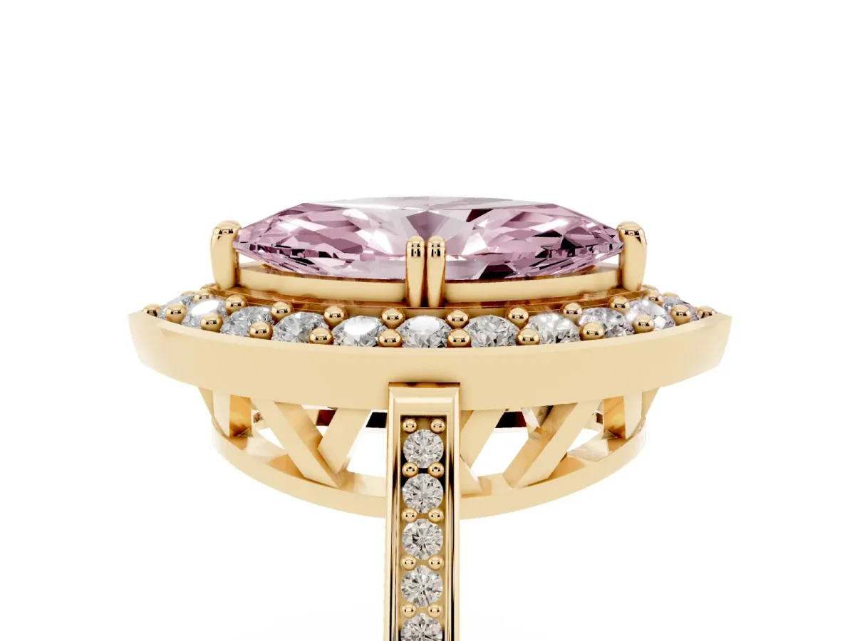 Fancy Pink Marquise Cut Diamond Halo Ring with Split Shank and Four-Prong Setting Yellow gold
