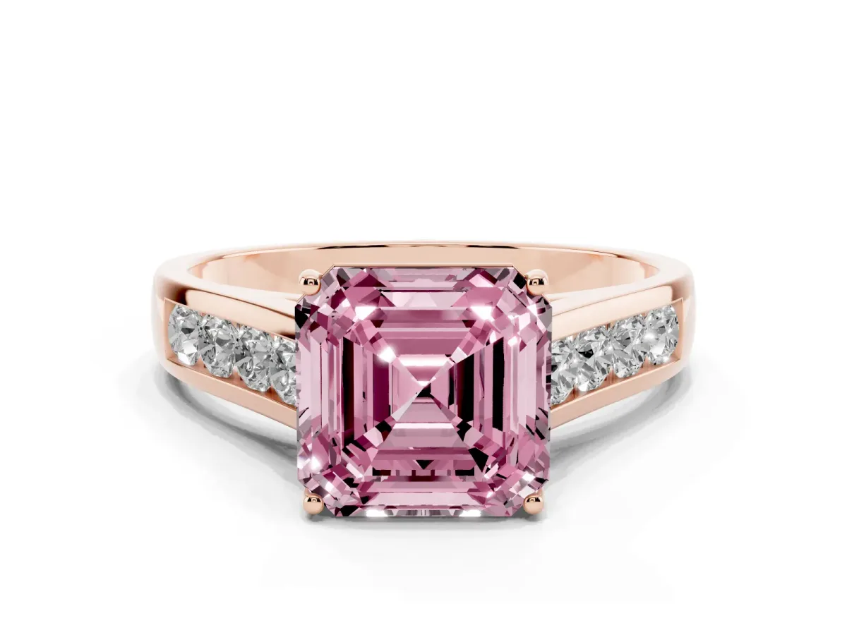 Fancy Pink Asscher Cut Brilliant Channel-Set Solitaire Ring with Four-Prong Setting Rose gold