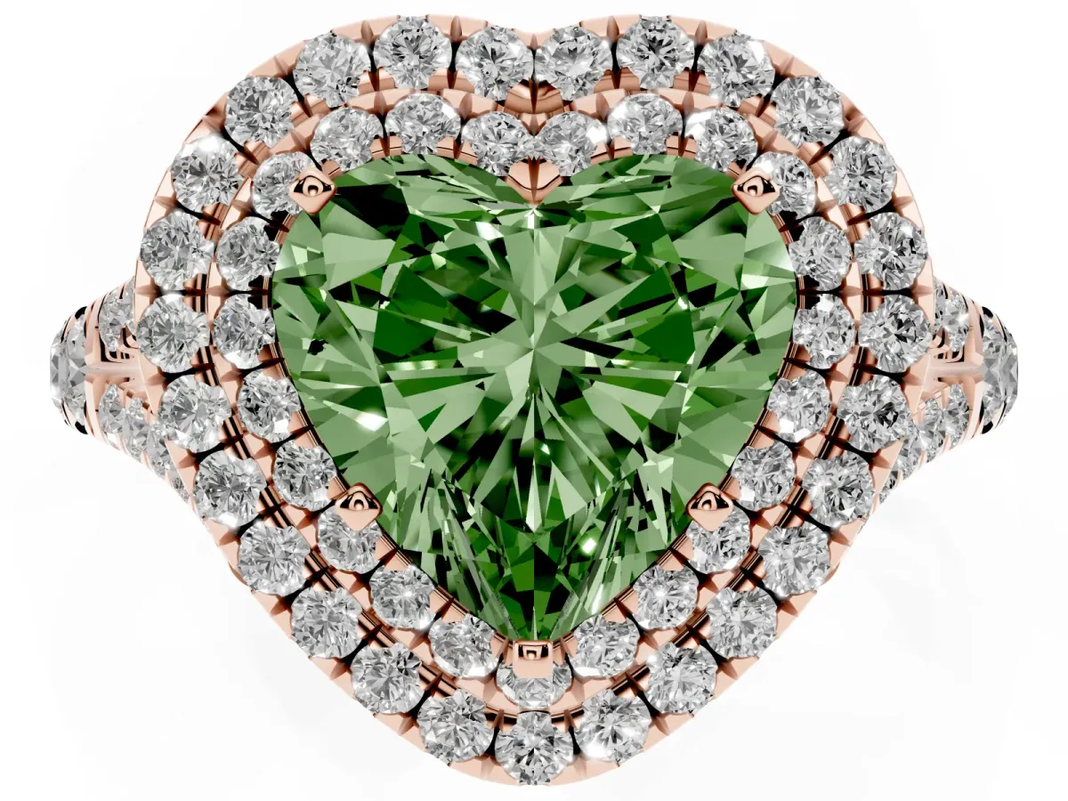 Fancy Green Double Halo Heart Cut Diamond Split Shank Engagement Ring with Four-Prong Setting Rose gold