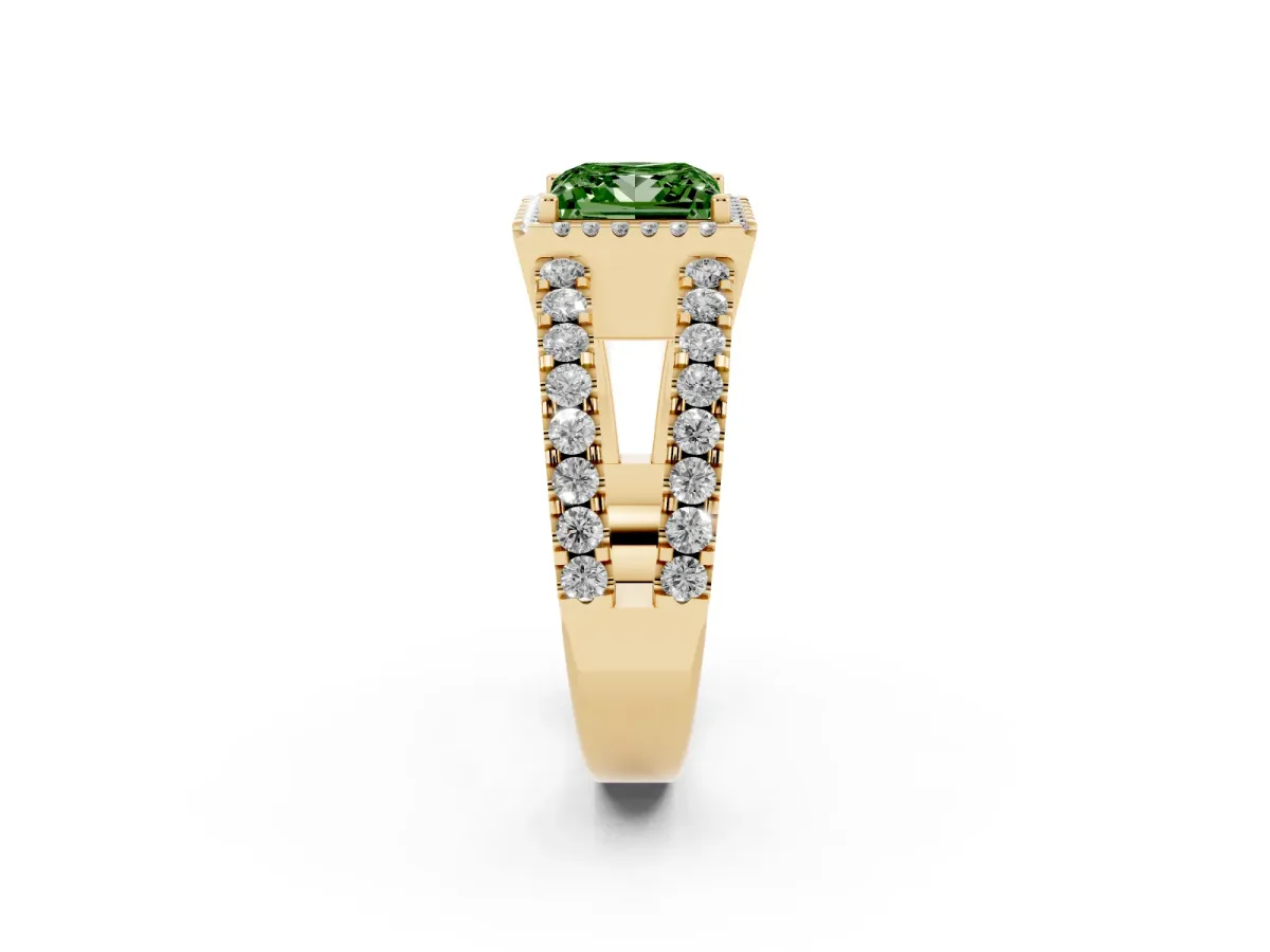 Fancy Green Princess Cut Cut Halo Split Shank Diamond Ring with Four-Prong Setting Yellow gold