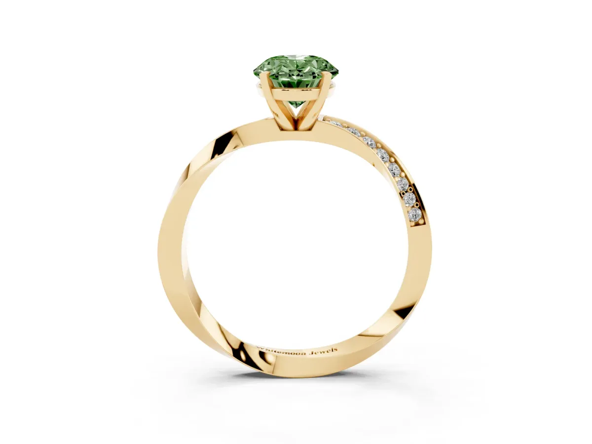 Fancy Green Oval Cut Diamond Engagement Ring with Side Stone Accents and Four-Prong Setting Yellow gold
