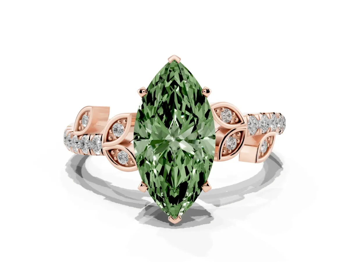 Fancy Green Marquise Cut Solitaire Leaf-Inspired Diamond Ring with Pavé Band and Four-Prong Setting Rose gold