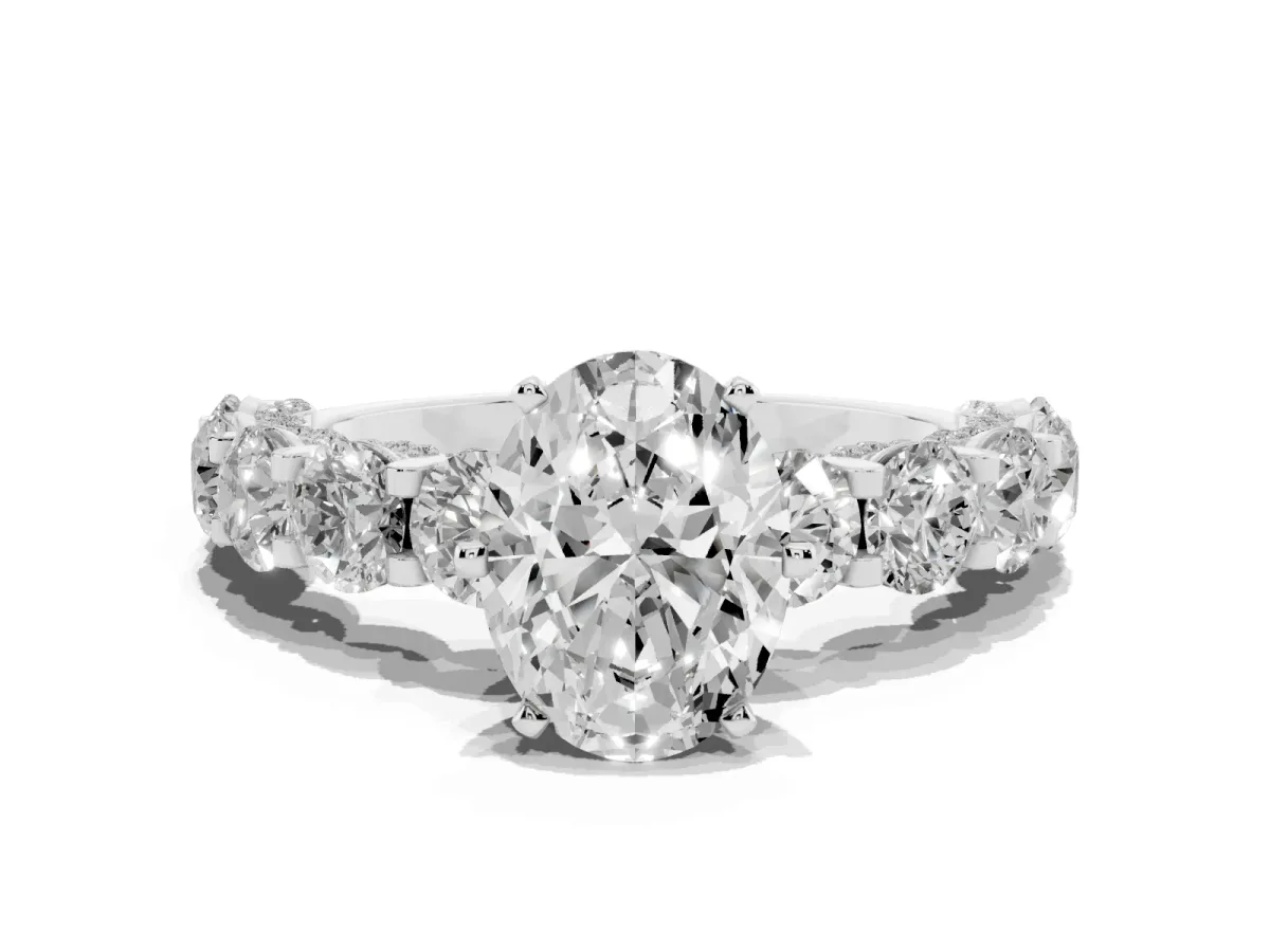 Oval Cut Diamond Side Stone Engagement Ring with Four-Prong Setting Silver