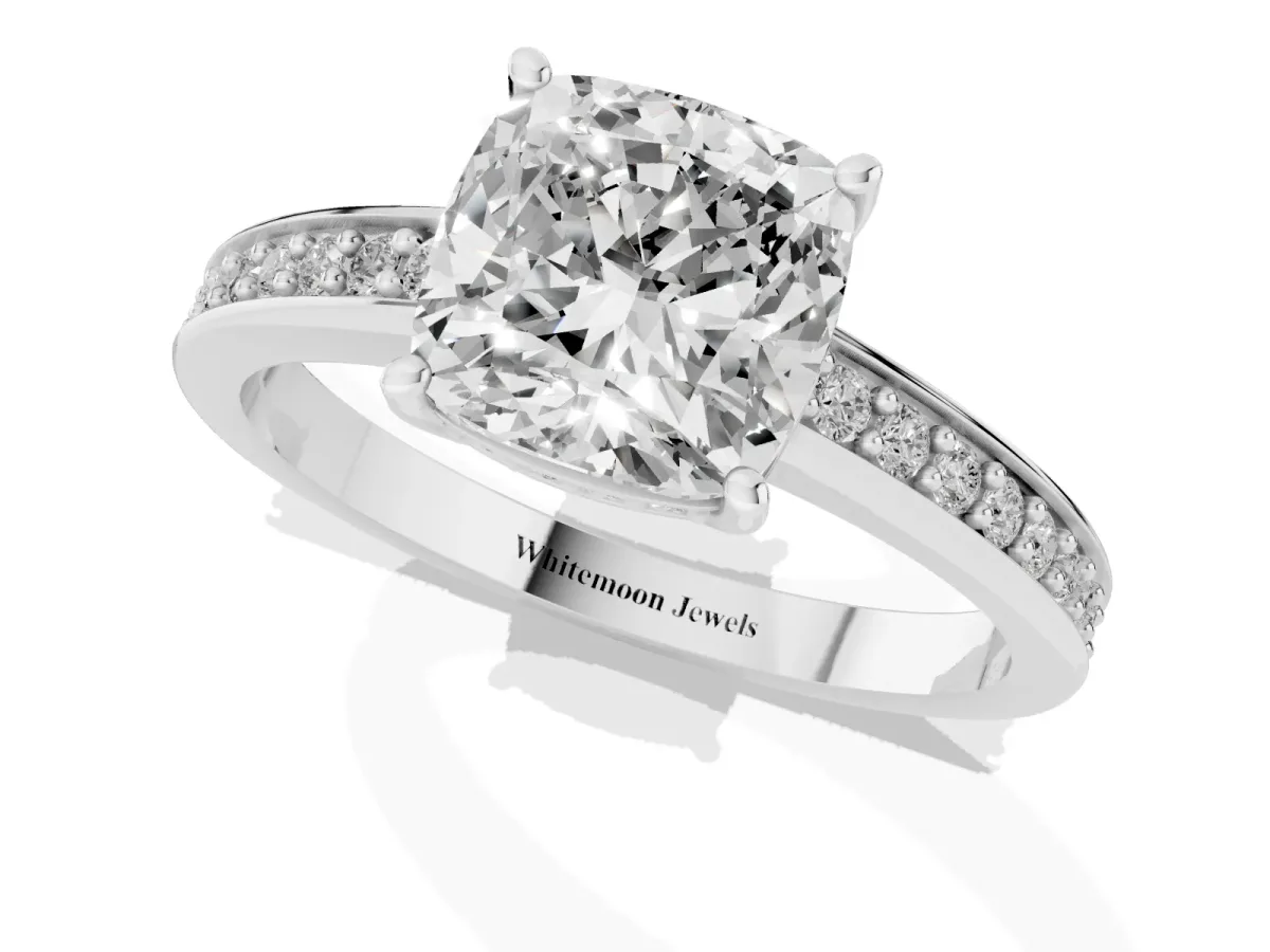 Cushion Cut Solitaire Pavé Band Prong Setting Ring Silver