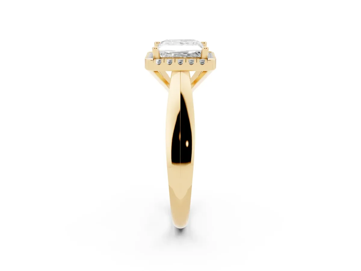 Princess Cut Cut Halo Solitaire Engagement Ring with Square Band and Four-Prong Setting Yellow gold