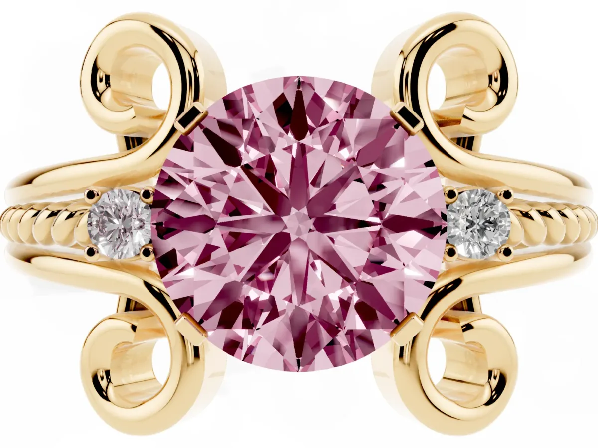 Fancy Pink Round Cut Solitaire Twisted Band Scroll Prong Ring Yellow gold