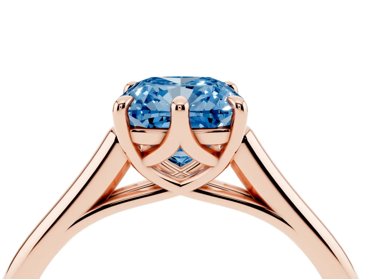 Fancy Blue Cushion Cut Solitaire Engagement Ring with Six-Prong Setting and Classic Band Rose gold