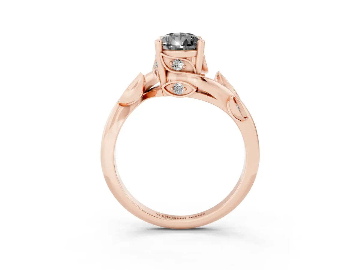 Fancy Black Pear Cut Solitaire Twist Engagement Ring with Leaf Accents and Prong Setting Rose gold