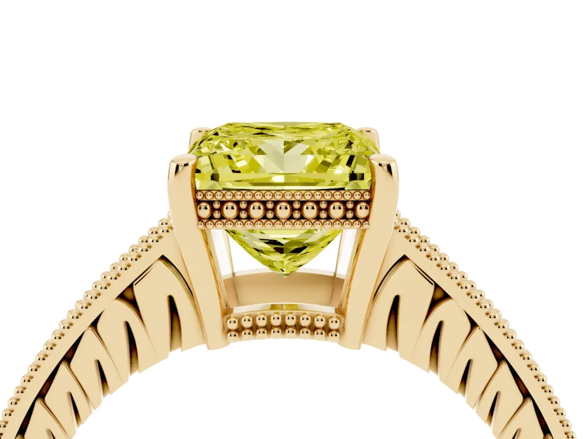 Fancy Yellow Princess Cut Solitaire Pavé Diamond Milgrain Engagement Ring with Four-Prong Setting Yellow gold