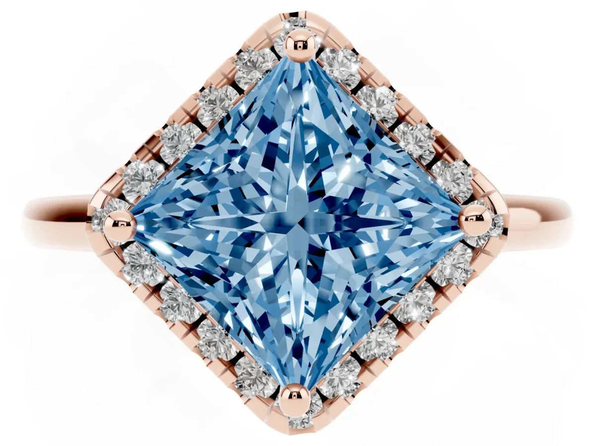 Fancy Blue Princess Cut Halo Round Diamond Solitaire Engagement Ring with Pave Band and Four-Prong Setting Rose gold