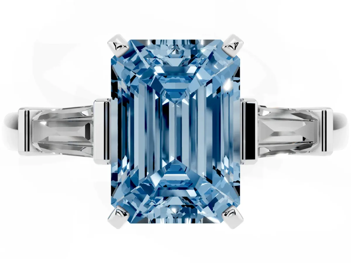 Fancy Blue Emerald Cut Cut Diamond Solitaire Ring with Tapered Baguette Accents and Four-Prong Setting Silver