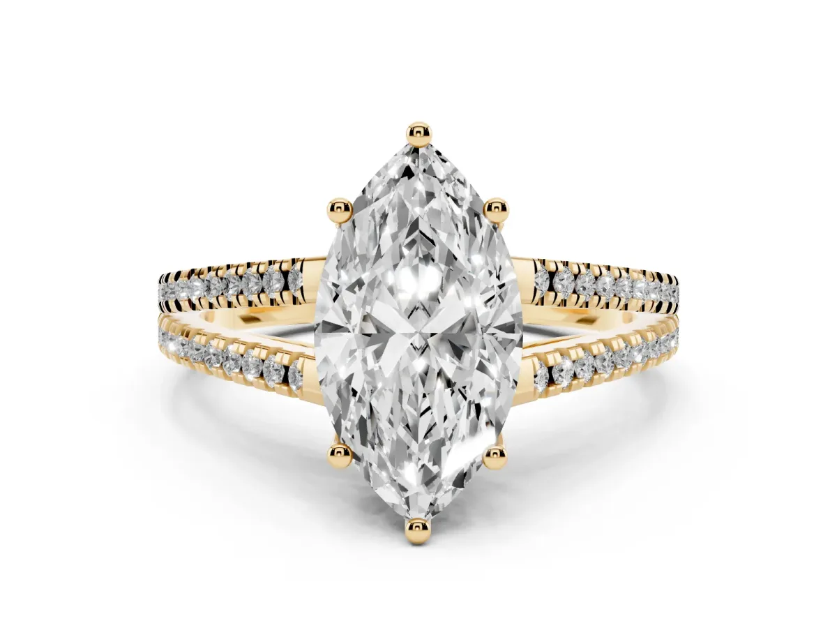 Marquise Cut Diamond Solitaire Engagement Ring with Split Shank Pavé Band Yellow gold