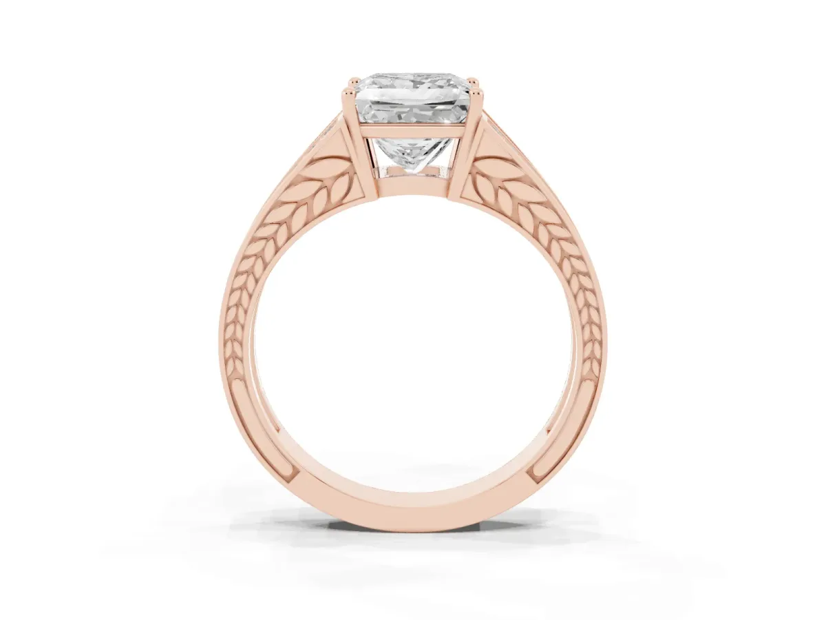 Princess Cut Diamond Split Shank Ring with Pavé Band and Four-Prong Setting Rose gold
