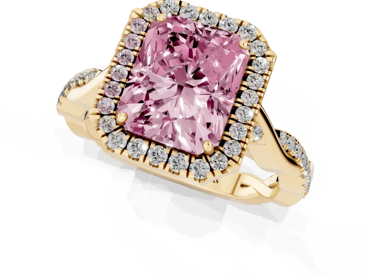 Fancy Pink Radiant Cut Halo Twist Band Solitaire Ring Yellow gold