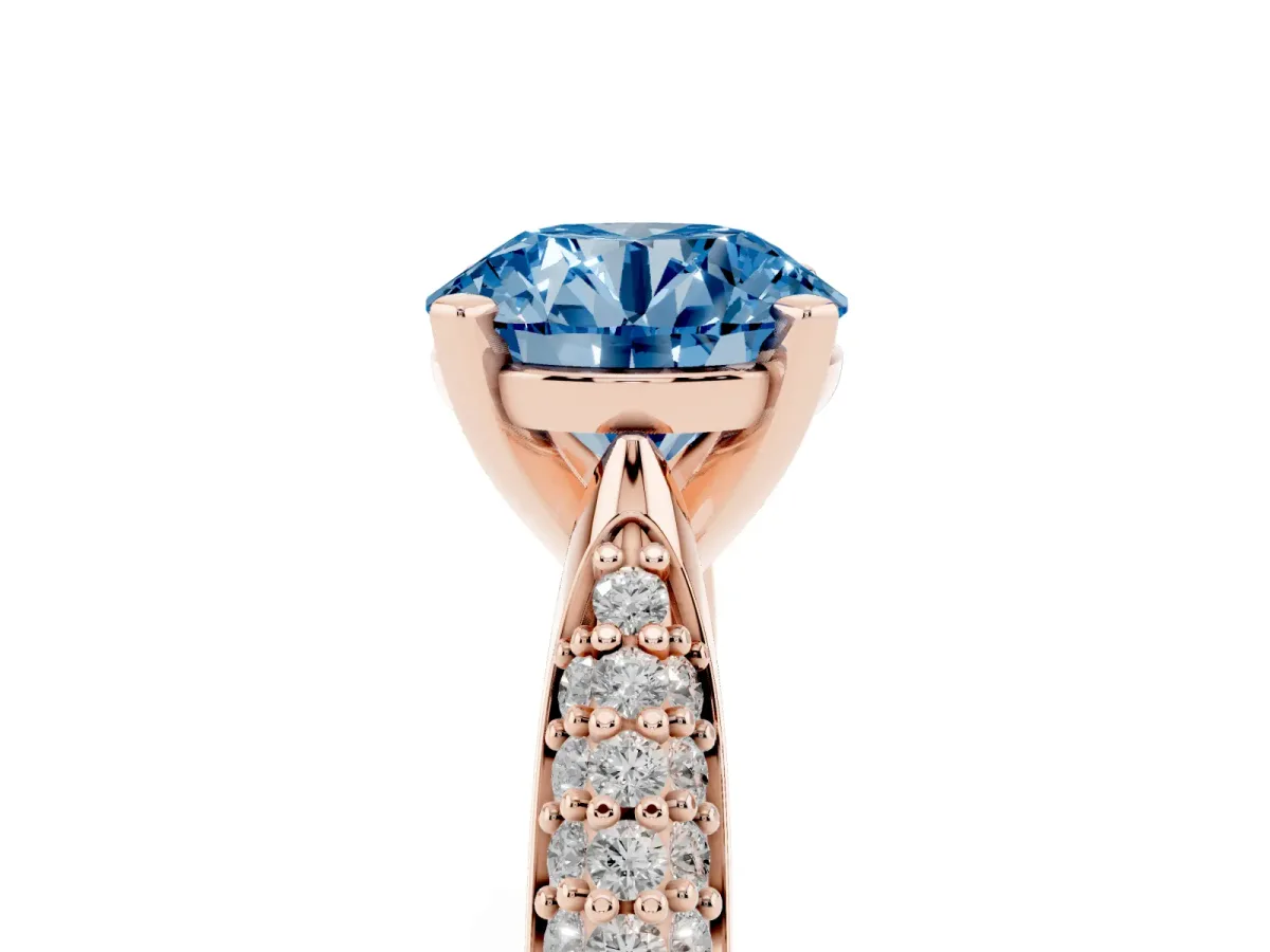 Fancy Blue Round Cut Diamond Solitaire Engagement Ring with Multi-Row Round Pavé Band and Prong Setting Rose gold