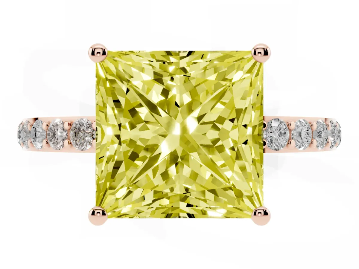 Fancy Yellow Princess Cut Diamond Solitaire Ring with Round Pavé Shoulders and Prong Setting Rose gold