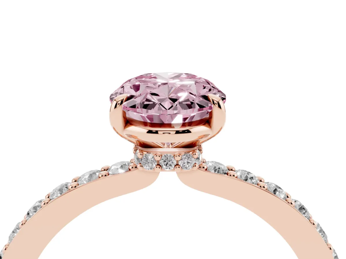 Fancy Pink Oval Cut Diamond Pavé Engagement Ring with Round Accents and Prong Setting Rose gold