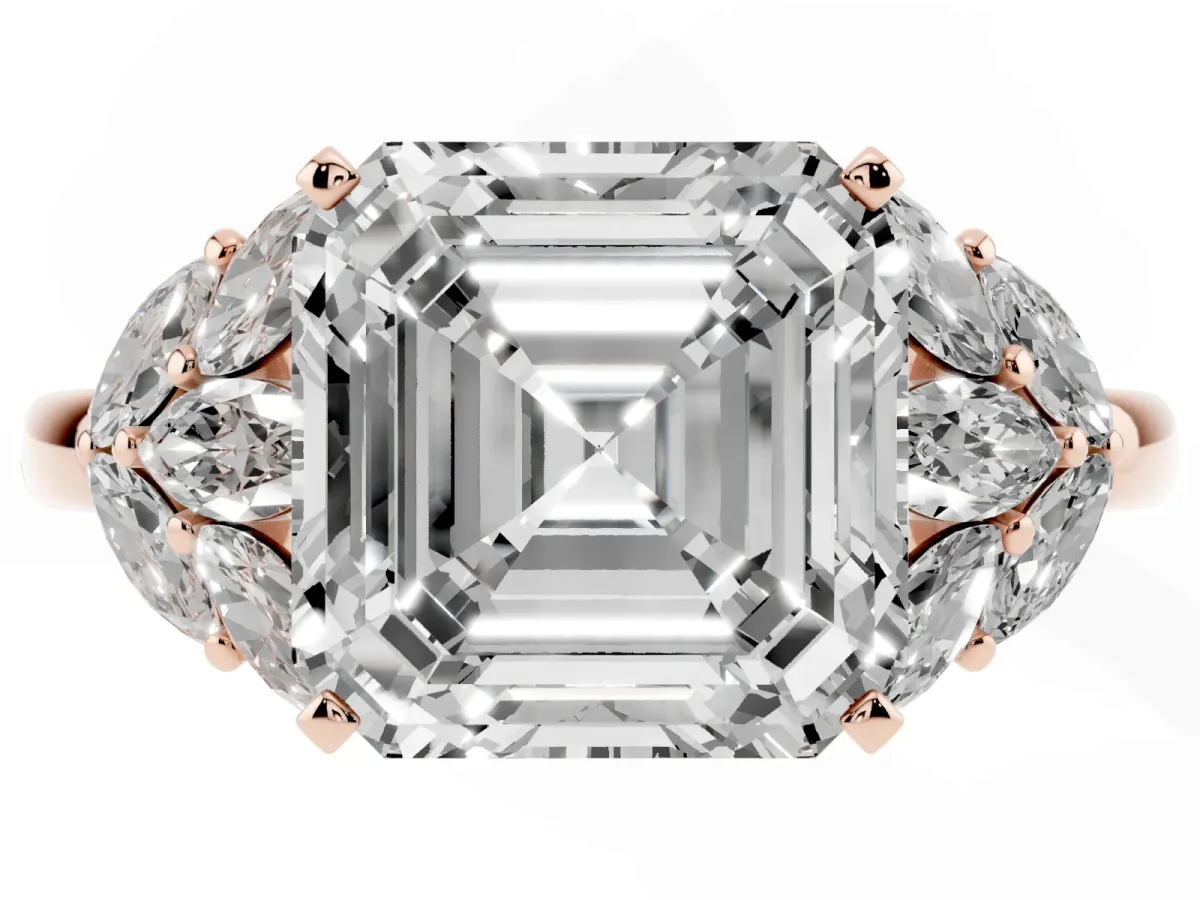 Asscher Cut Diamond Cluster Leaf Design Ring with Prong Setting Rose gold