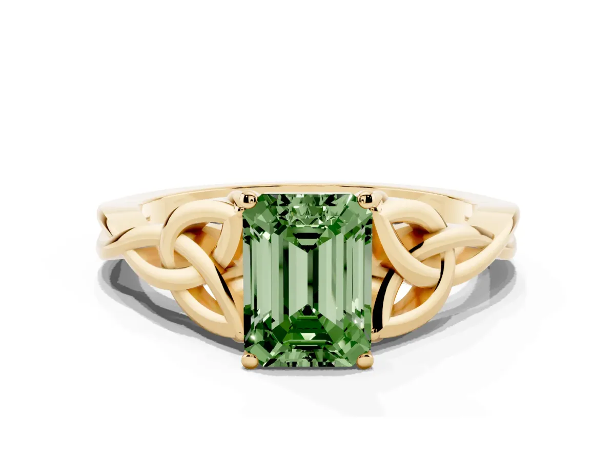 Fancy Green Emerald Cut Diamond Solitaire Engagement Ring with Celtic Knot Band and Four-Prong Setting Yellow gold