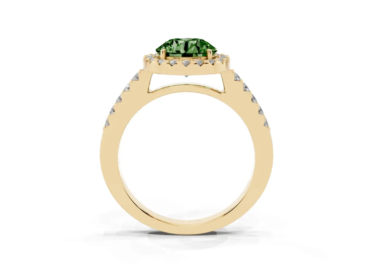 Fancy Green Round Cut Halo Diamond Pavé Solitaire Ring Yellow gold